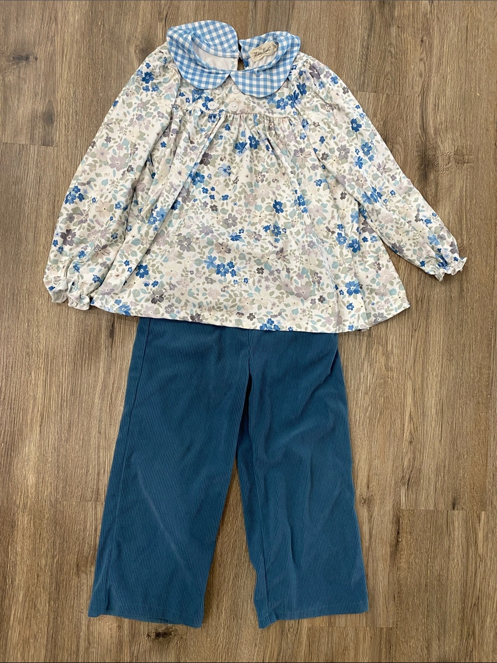 Girls Blue Floral Long-Sleeve Set with Gingham Collar